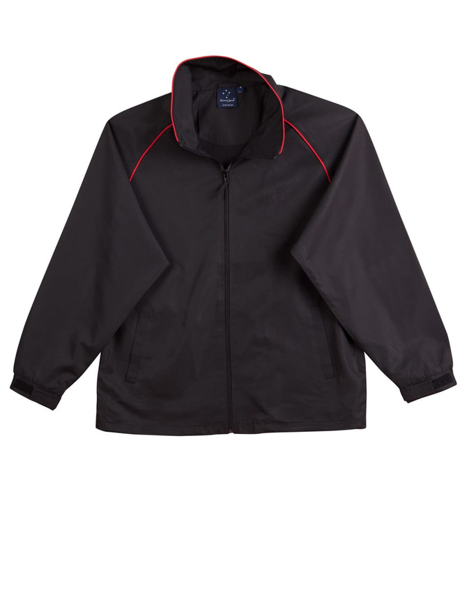 A black track jacket with red accents and a zip front, featuring a collar and loose-fitting sleeves.