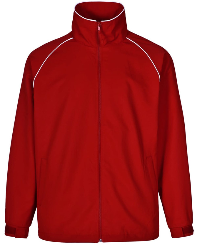 A red track jacket featuring white accents and a high collar, with side pockets and a logo.