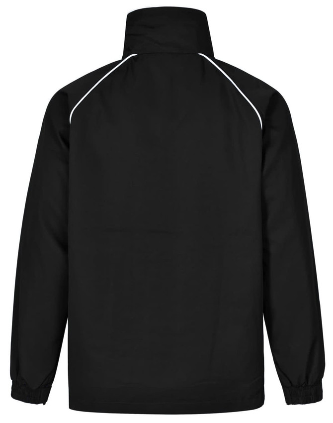 A black track jacket featuring a high collar and white piping details, with a plain back design and elasticated cuffs.
