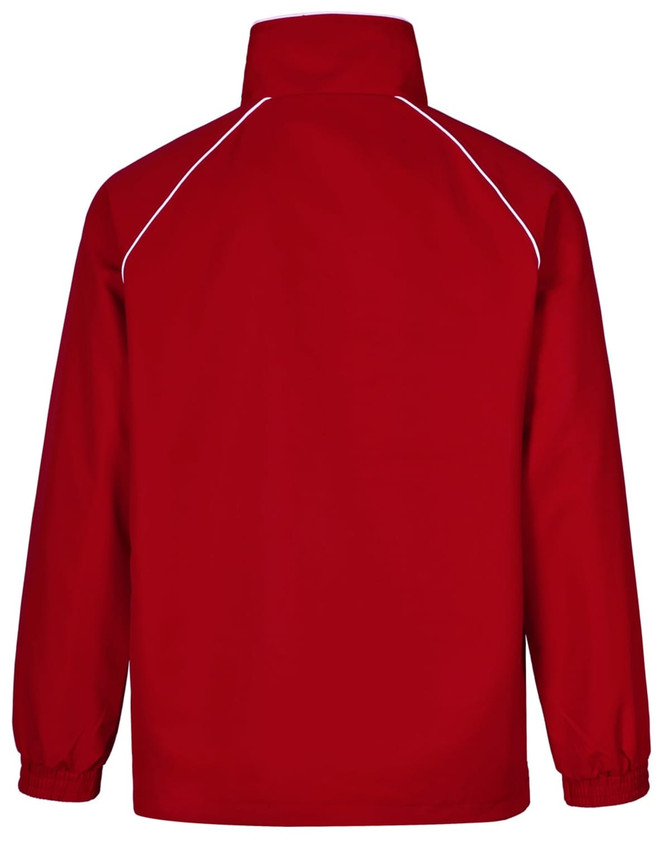 A red track jacket featuring a high collar and white detailing along the seams. It has a branding logo.