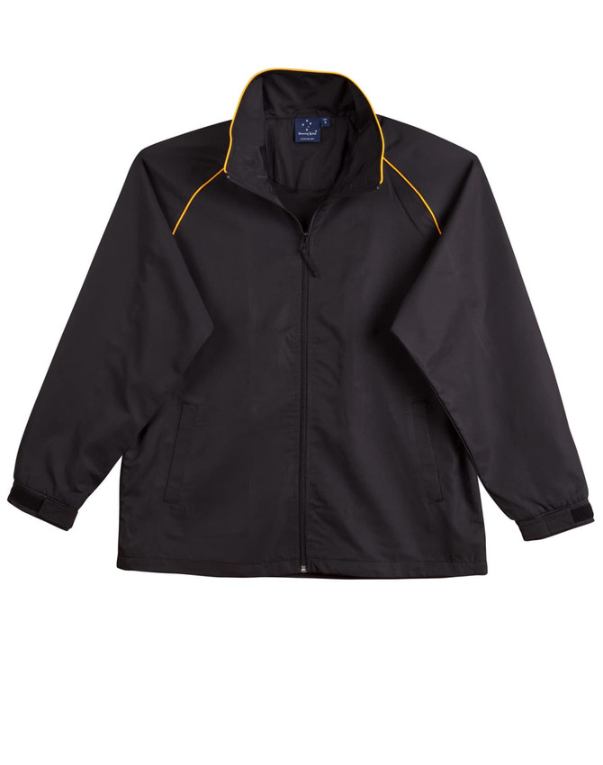 A black track jacket featuring yellow accents and a zip front. It has long sleeves and side pockets.