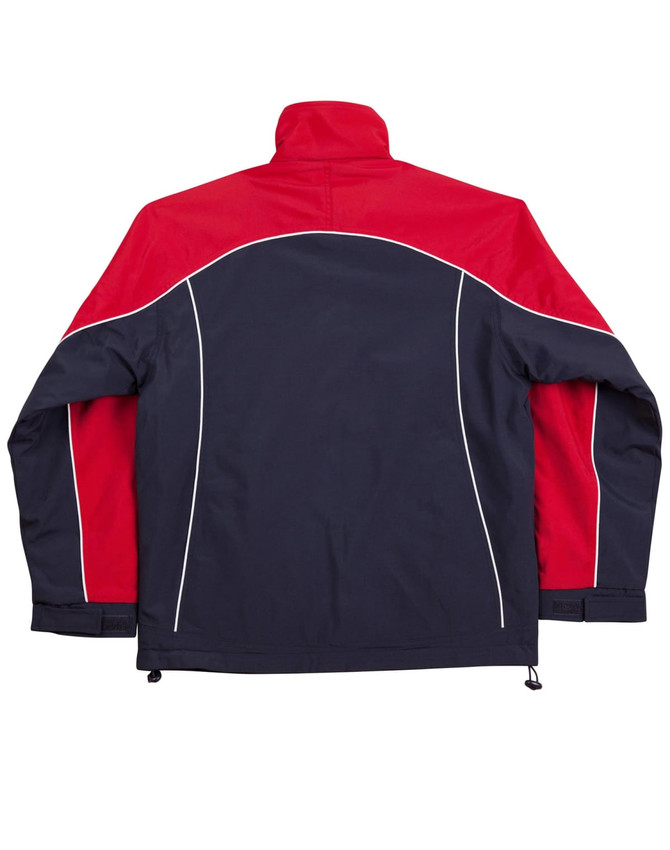 A reversible jacket featuring a navy blue body with red sleeves and contrast piping, and a logo on the design.