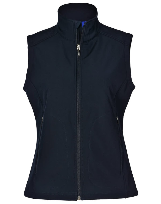 A ladies' softshell hi-tech vest in black, featuring a zip front and side pockets. Includes a brand logo.
