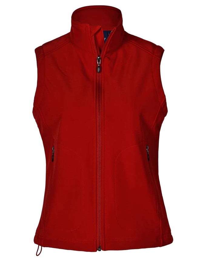 A red softshell hi-tech vest with a zip front and two side pockets, featuring a brand logo.
