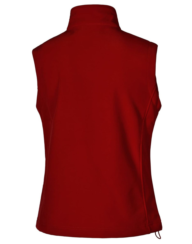 A red ladies' softshell vest featuring a high collar and a fitted design, with a logo on the back.