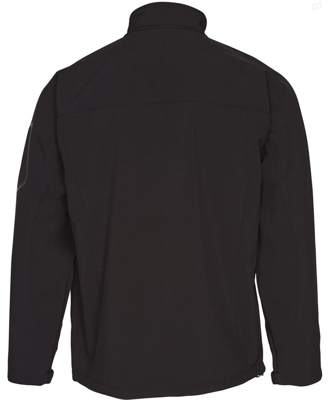 A black softshell jacket featuring a high collar and a logo on the sleeve. The back view displays a sleek design.