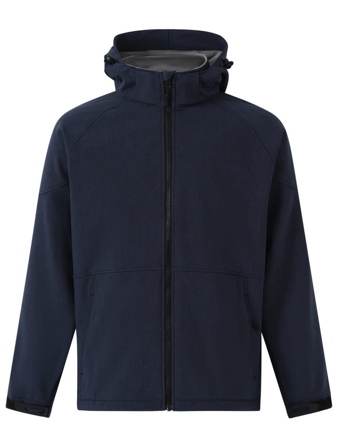 A navy blue men's softshell full zip hoodie with a grey interior and a hood. It features a logo on the front.
