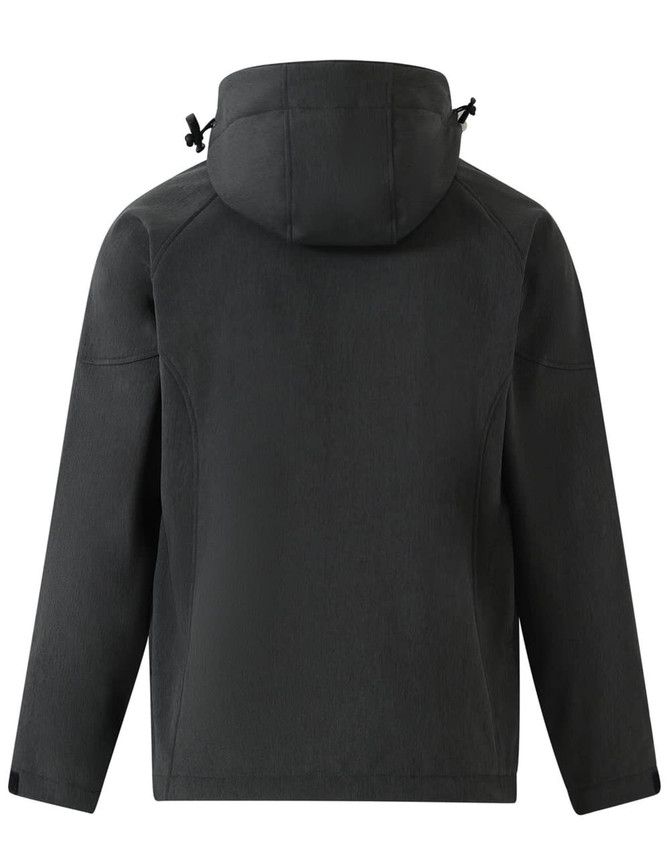 A dark green men's softshell full zip hoodie with a hood and adjustable toggles, featuring a smooth texture and casual design.