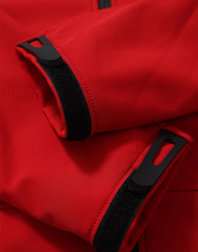 Red men's softshell full zip hoodie featuring black cuff details and a logo on the fabric.