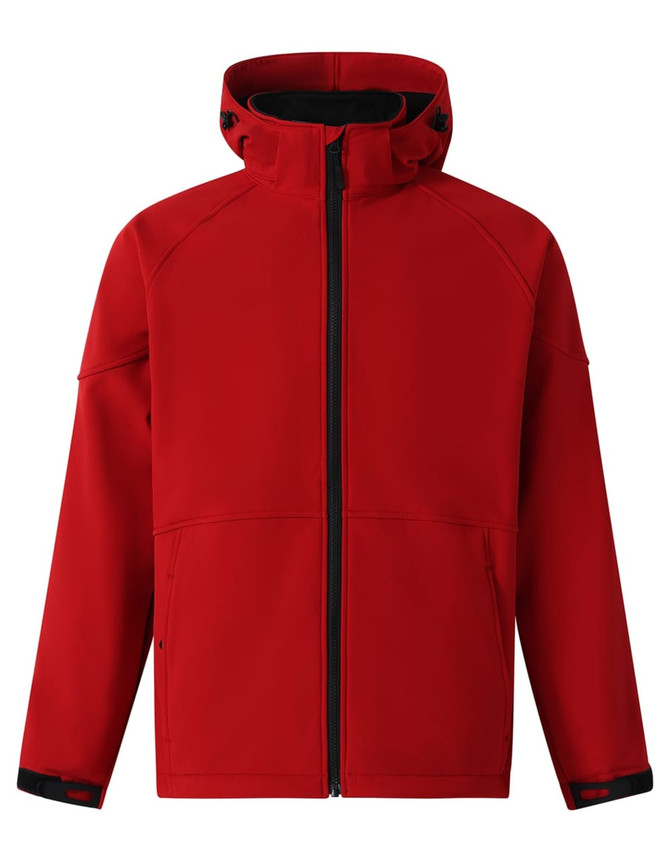 A red kids' softshell full zip hoodie, featuring a high collar and black trim, with a logo on the front.