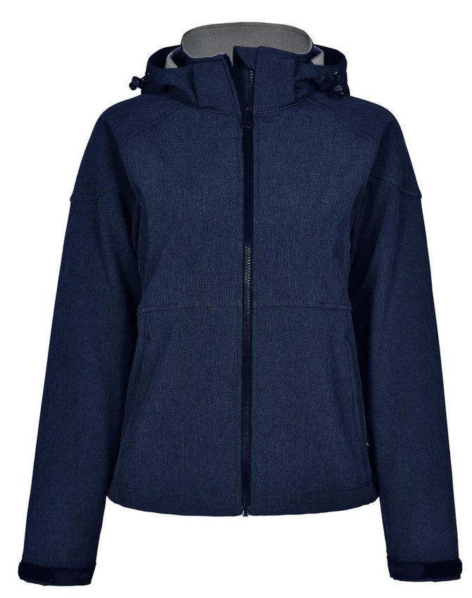 A navy blue ladies' softshell full zip hoodie with a hood and a subtle texture. It features a logo on the front.
