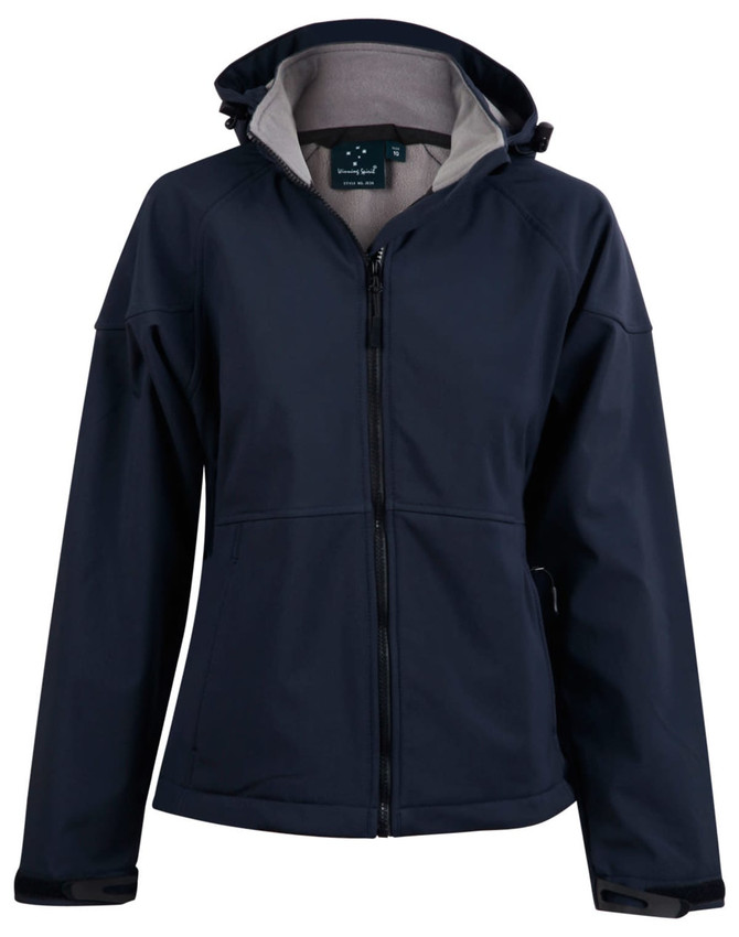 A navy women's softshell full zip hoodie with a hood and a fleece lining, featuring a logo on the chest.