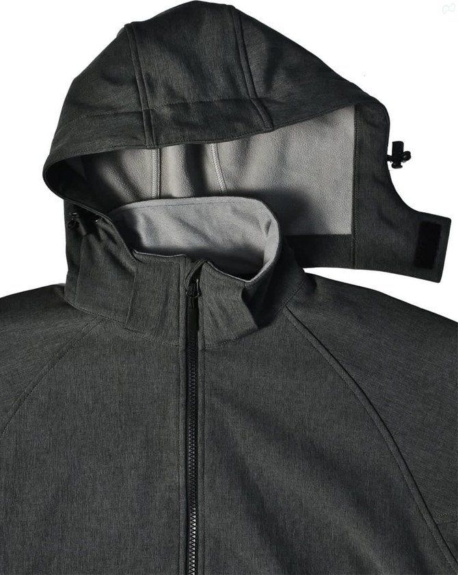 A dark grey ladies' softshell full zip hoodie with a removable hood and an inner lining. Features a logo.