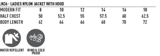 A versatile ladies' jacket in various sizes featuring a hood, with details on fit and measurements.