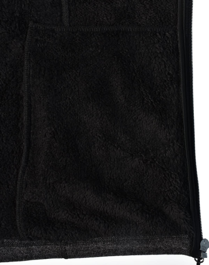 A textured black fleece jacket featuring a zip closure and front pockets. It has a logo on the fabric.