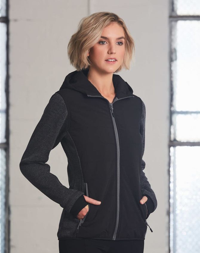 A black and grey ladies' jacket with a hood and zip closure, featuring side pockets and a logo.