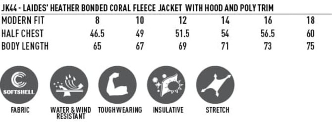 A heather coral fleece jacket with a hood and poly trim, featuring a logo, available in multiple sizes.