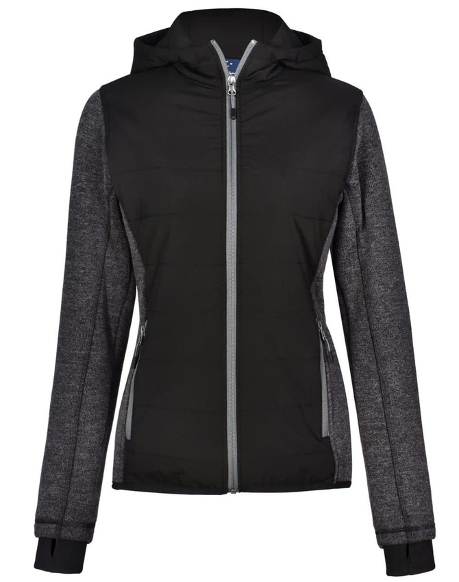 A ladies' black heather sleeve and quilted body jacket with a hood and zippered front pockets.