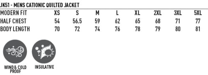 Men's cationic quilted jacket in various sizes, features a windproof and insulating design. Includes a logo.