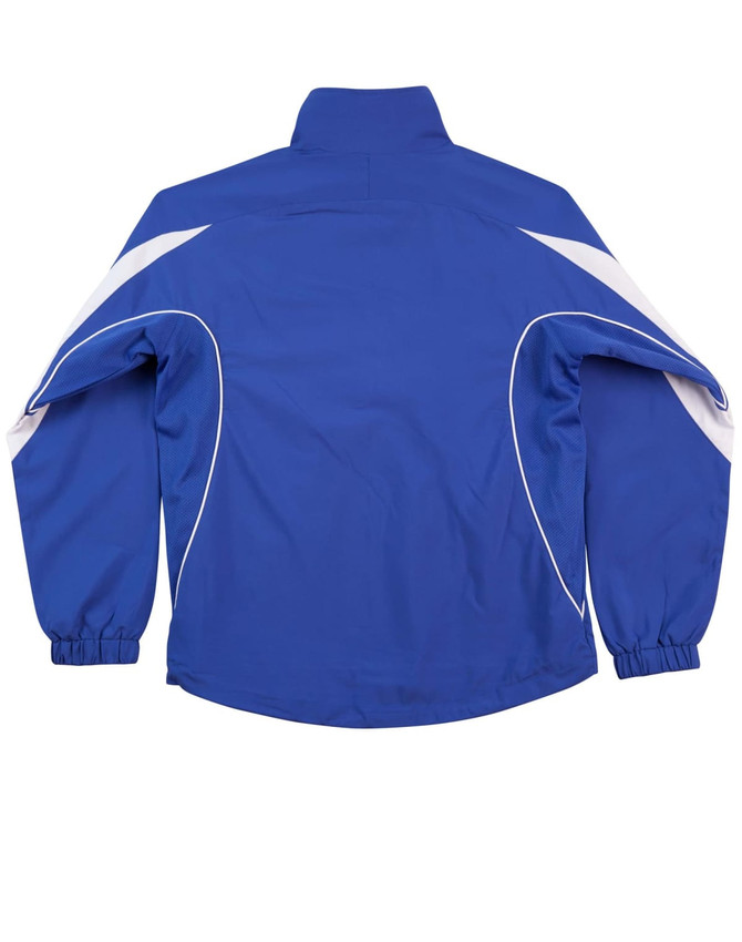 A blue track jacket with white detailing and a logo on the back. Features a high collar and elastic cuffs.