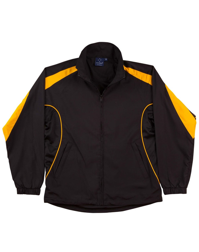 A black and yellow adults warm-up jacket with a front zip and a logo on the chest.