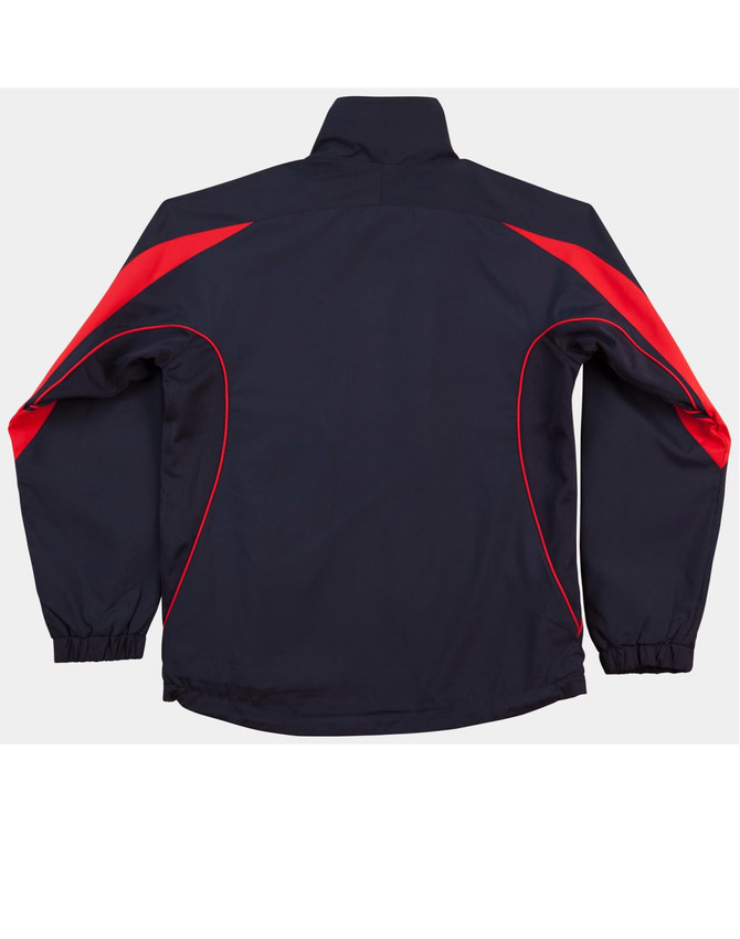 A navy blue kids' warm-up jacket with red accents, featuring a high collar and elastic cuffs. It has a logo.