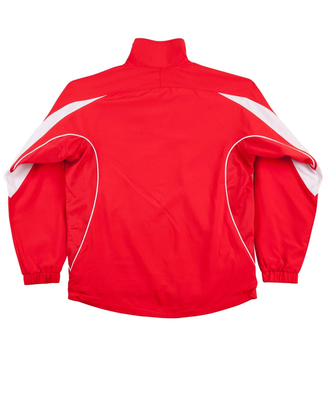 A bright red kids' warm-up jacket featuring white accents and a high neckline. It includes a logo on the design.