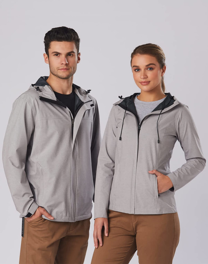 A grey men's waterproof performance jacket with a hood, featuring a logo, displayed on a male and female model.