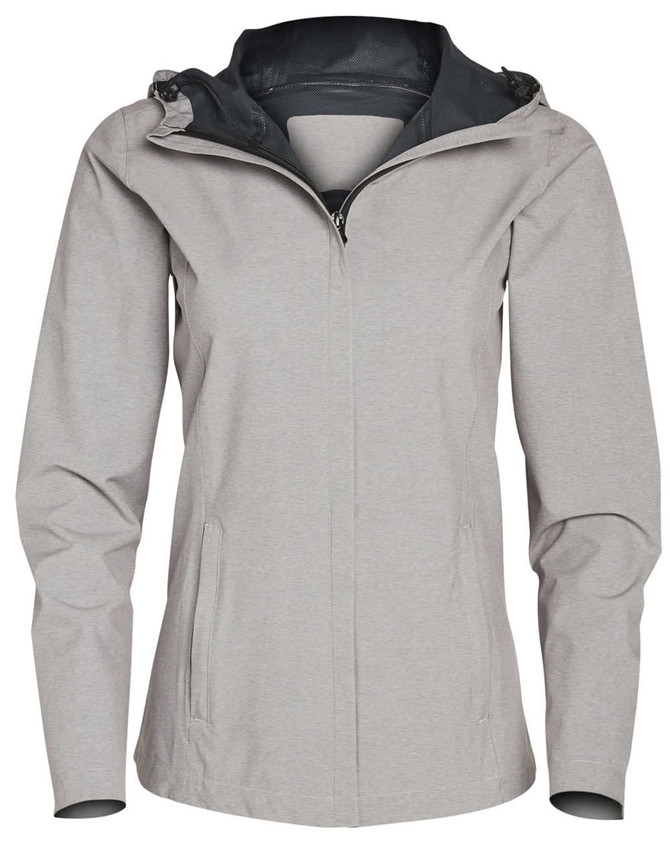 A ladies' waterproof performance jacket in light grey, featuring a hood and zip closure, with a logo on the sleeve.