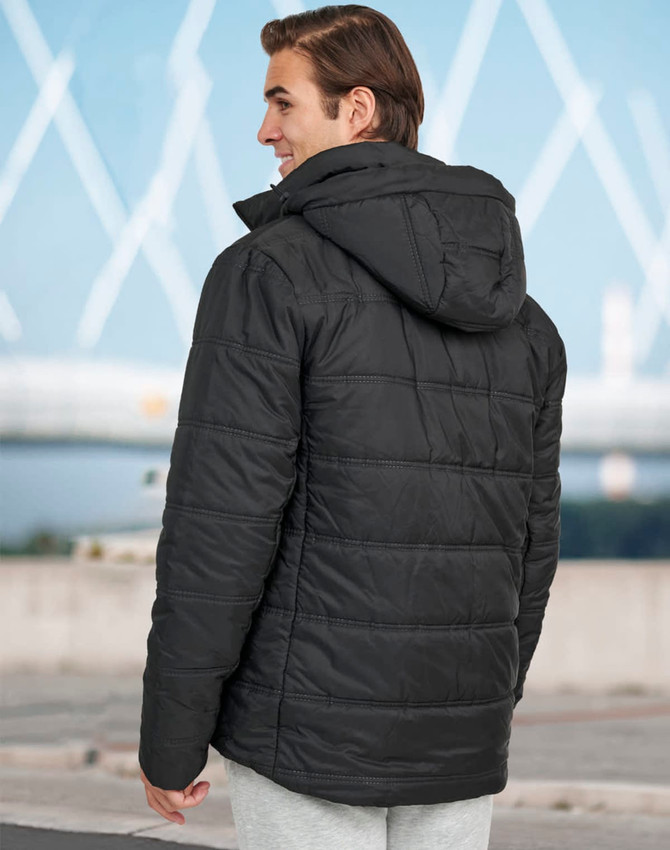A unisex sustainable seamless parka jacket in black with a hood and 3D cut, shown from the back.