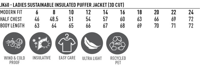 A ladies' sustainable insulated puffer jacket in various sizes, featuring a modern fit and designed for warmth.