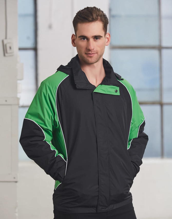 A unisex jacket in black and green, featuring a hood and a logo on the chest.