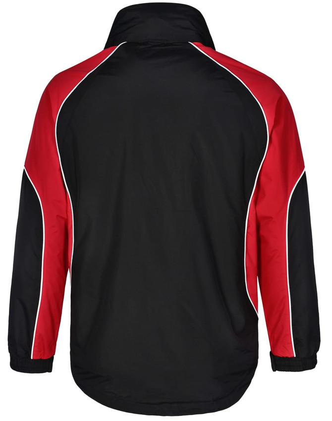 A unisex jacket in black with red accents and white piping, featuring a collar and elastic cuffs.