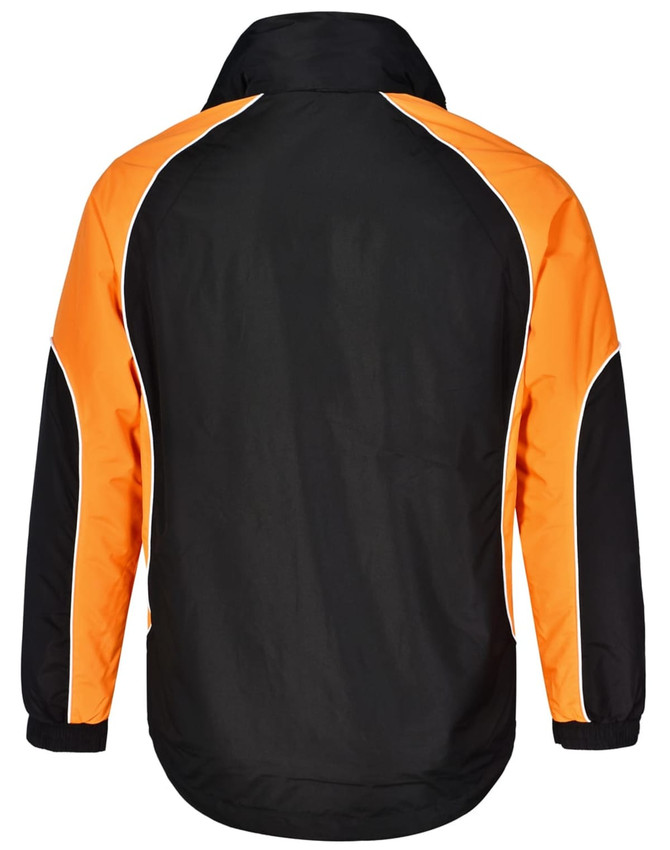 A unisex jacket featuring a black body with orange sleeves and white piping. It has a logo on the back.