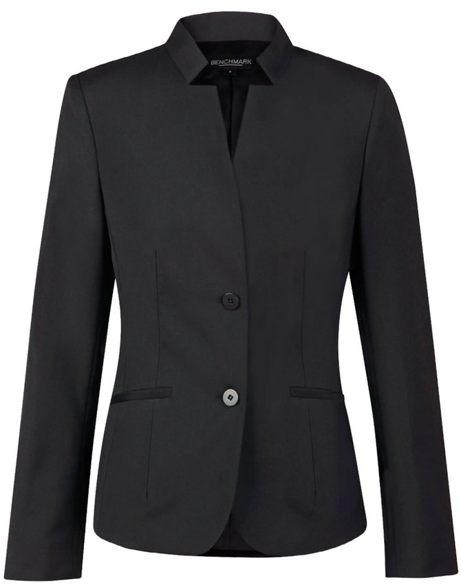 A black wool blend stretch reverse lapel jacket with two buttons and side pockets, featuring a brand logo.