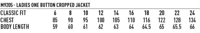 A table displaying size measurements for a women's one button cropped jacket, including chest and body length details.