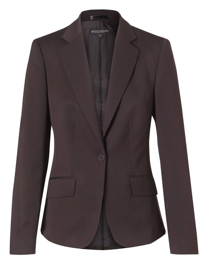 A women's cropped blazer in dark brown with a single button, featuring a sleek, tailored design.
