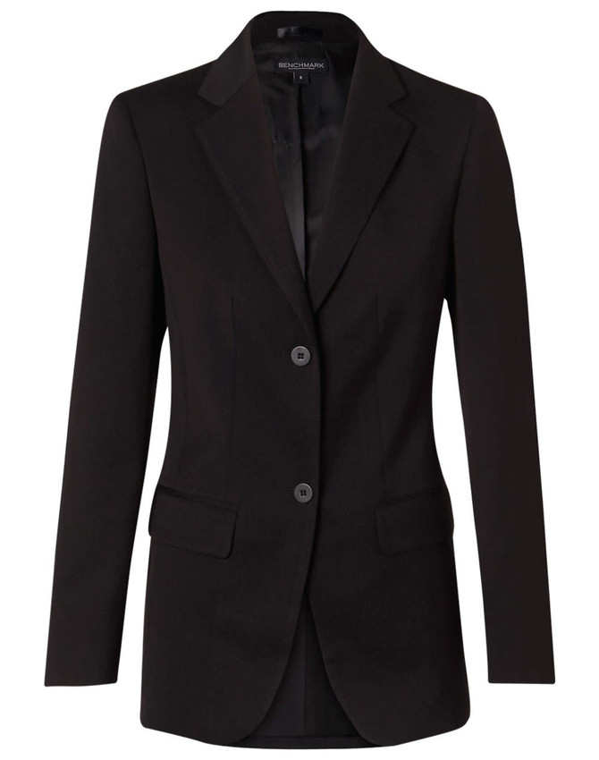 A black mid-length jacket with two buttons and a fitted design. Features pockets and a logo on the label.