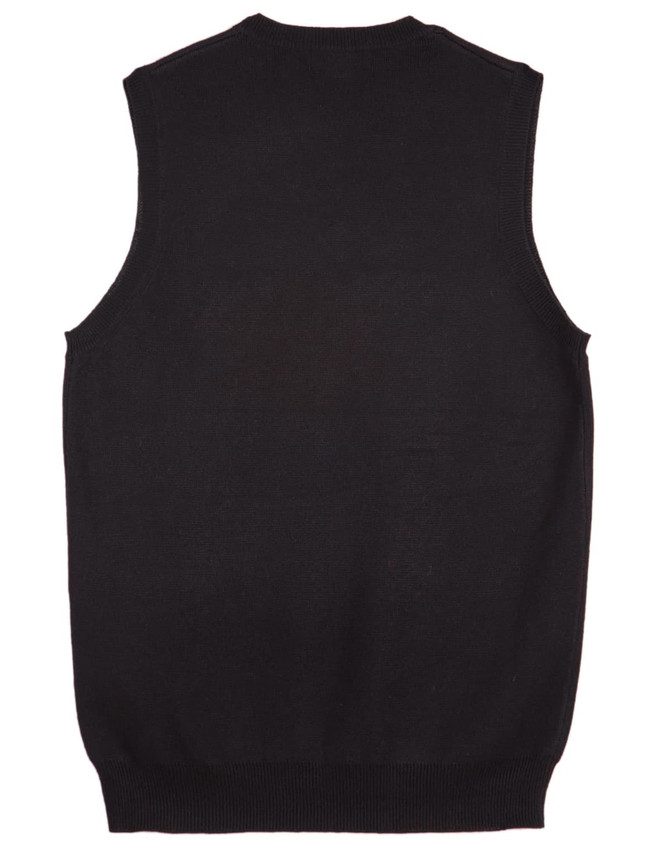 A black women's V-neck vest with a sleeveless design and a ribbed hem, featuring a logo.