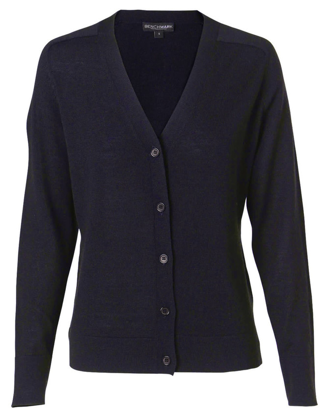 A women's black 100% Merino wool long-sleeve cardigan with a button front and v-neck design. It features a logo.