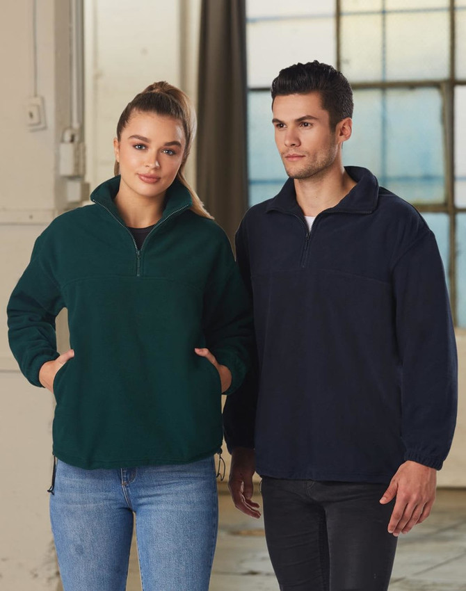 A green and navy unisex polar fleece jumper, featuring long sleeves and a half-zip collar, on two models.