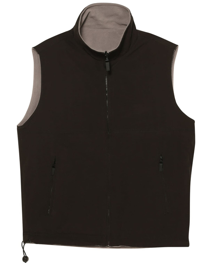 A unisex reversible vest in black with a grey interior, featuring a high collar and zippered pockets.