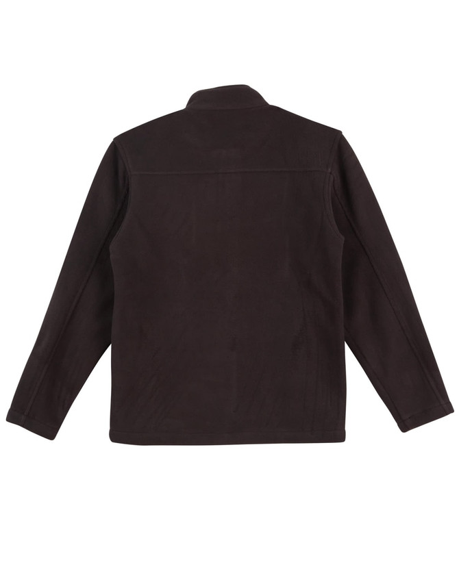 A brown polar fleece jacket featuring a full zip and long sleeves, with a collar and a logo.