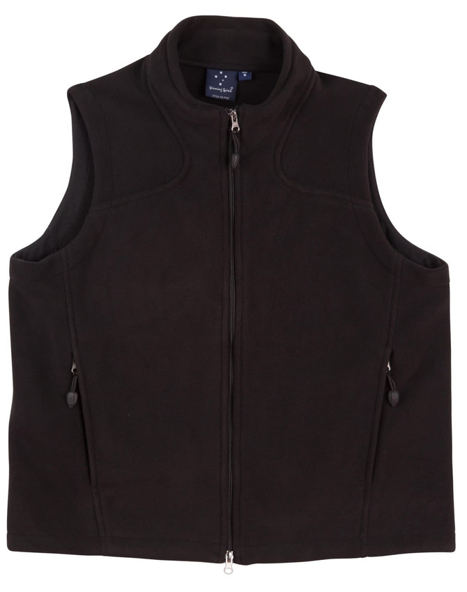 A black fleece vest for men with a zip front, side pockets, and a branding logo on the collar.