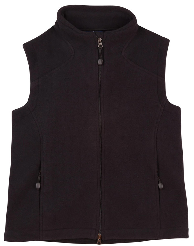 A black ladies' bonded polar fleece vest with a high collar and zip closure, featuring side pockets.