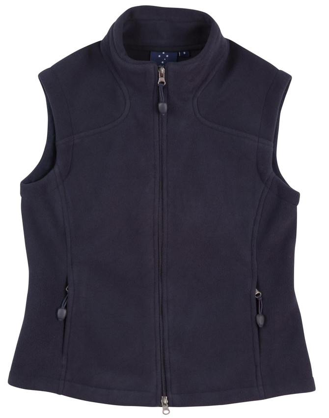 A navy ladies' bonded polar fleece vest with a zip front and side pockets, featuring a logo.