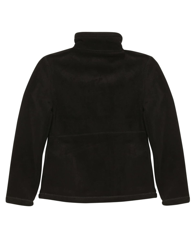 A black polar fleece jacket featuring a high collar and a smooth finish, with a logo on the back.