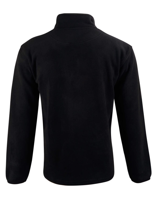 A black adult's half zip polar fleece pullover featuring long sleeves and a high collar, with a logo on the back.