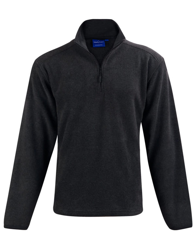 A black kid's half zip polar fleece pullover with long sleeves and a collar. It features a logo on the chest.