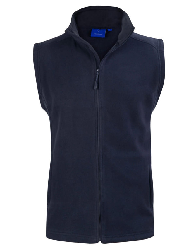 A navy polar fleece vest with a high collar and a front zip, featuring no sleeves and a logo on the chest area.